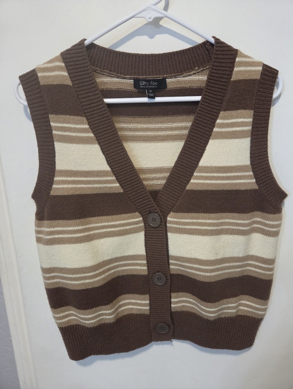 Witty Fox Brown & Cream Striped V-Neck Button Sweater Vest
